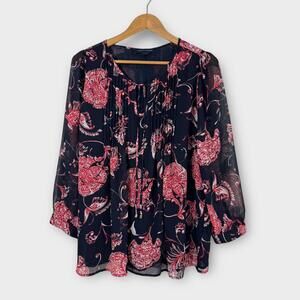Tommy Hilfiger Women’s Size Large Blue Floral Print Pintuck Pleat Blouse